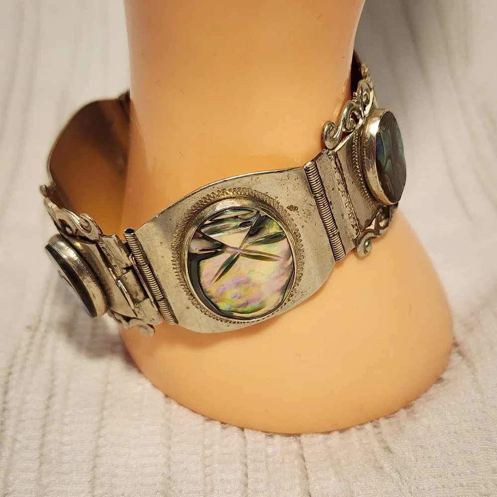 Vintage Taxco Sterling Silver 925 Abalone Panel Bracelet Mexico 7